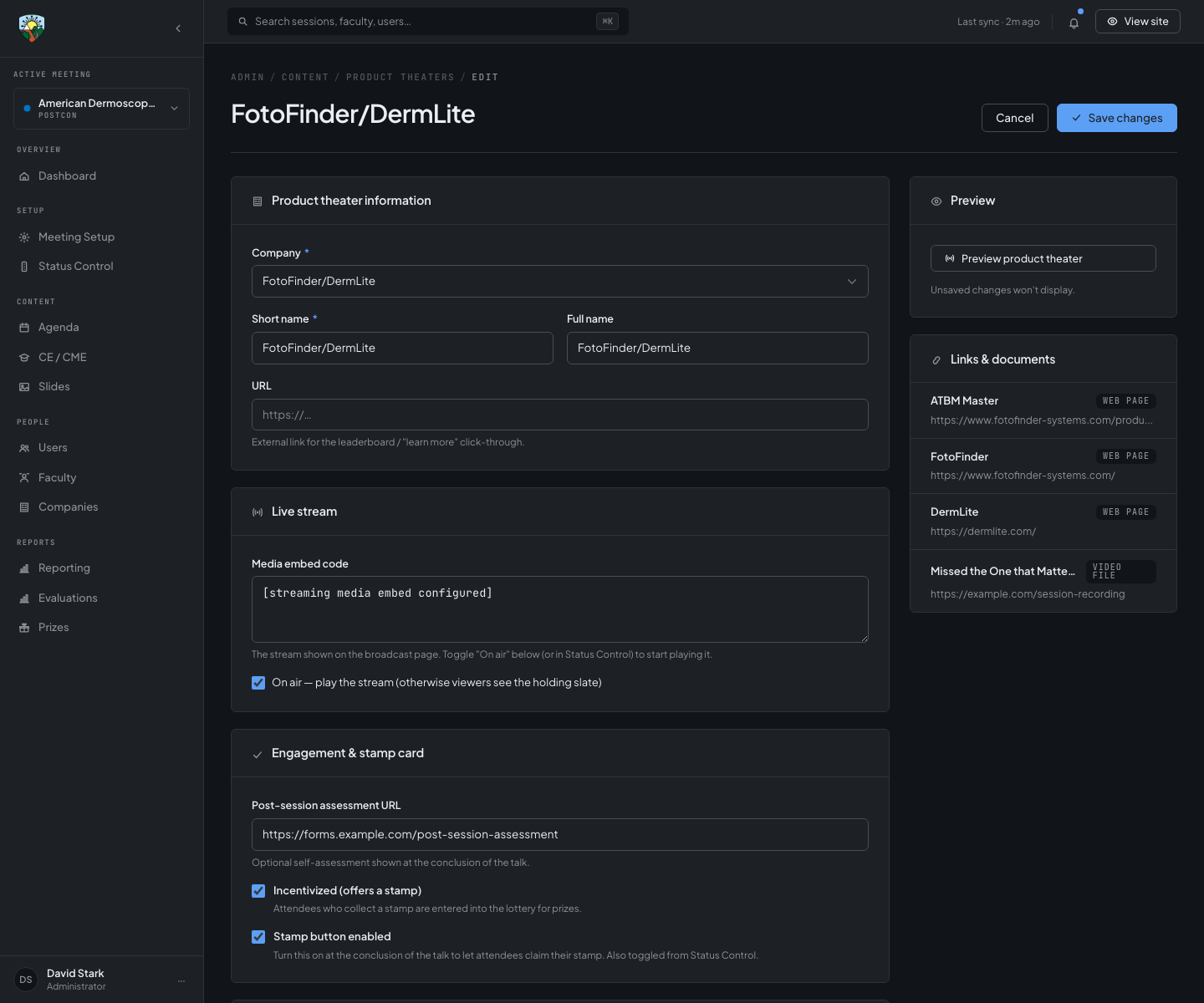 American Dermoscopy 2026 product-theater administration workflow for scheduling and configuring a hosted industry session