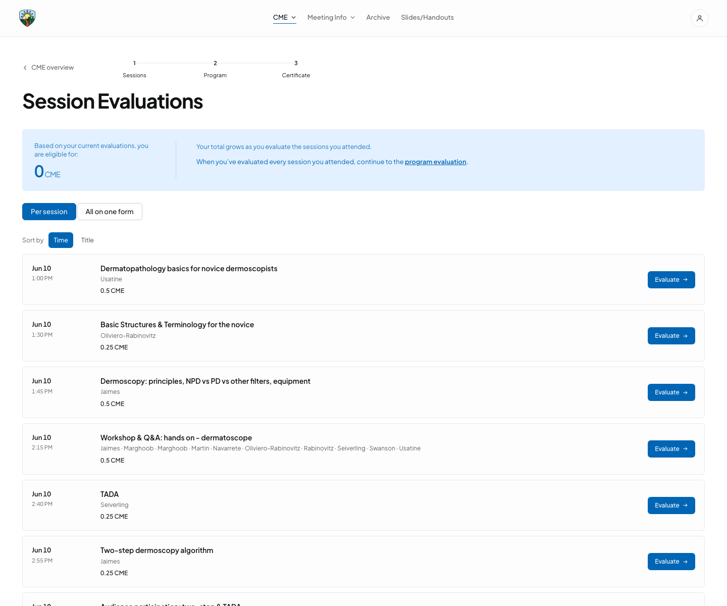 American Dermoscopy 2026 session evaluation and certificate workflow shown with a test learner account