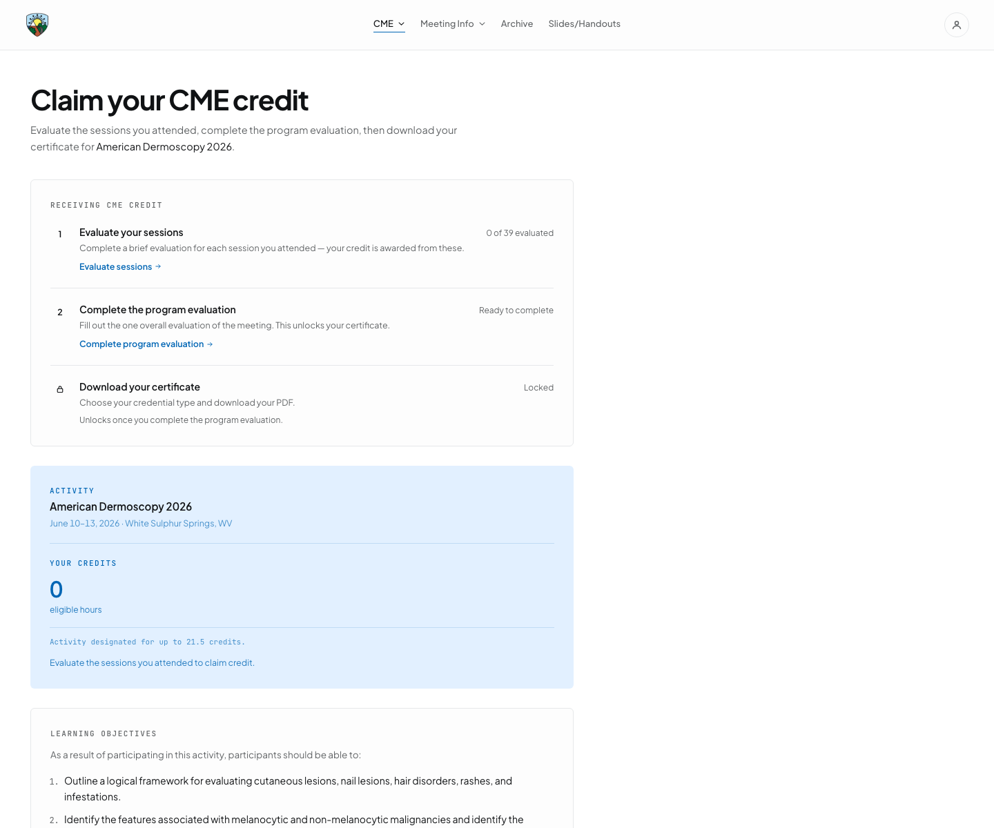 American Dermoscopy 2026 CME credit claim workflow: evaluate sessions, complete the program evaluation, then download the certificate